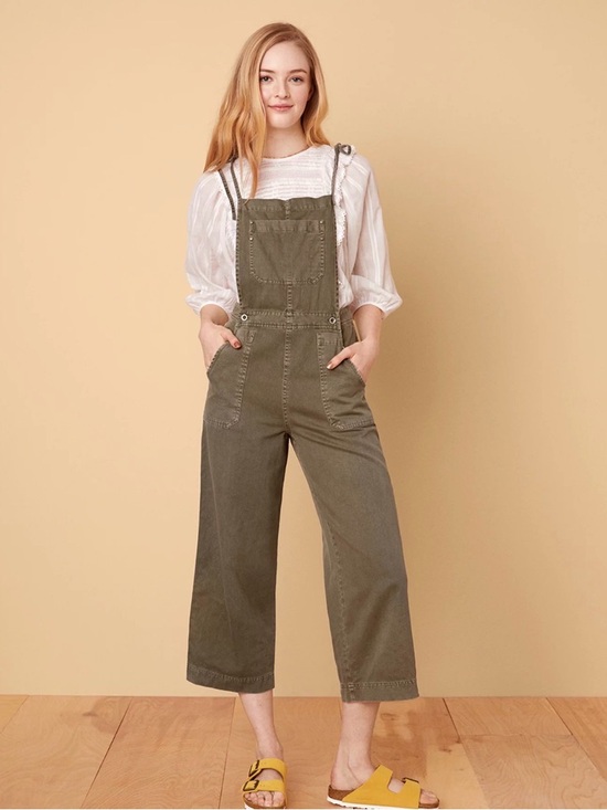 American Eagle Outfitters Pants - AE Studio Olive Green Wide Leg Cropped Overalls Size S 100% Cotton